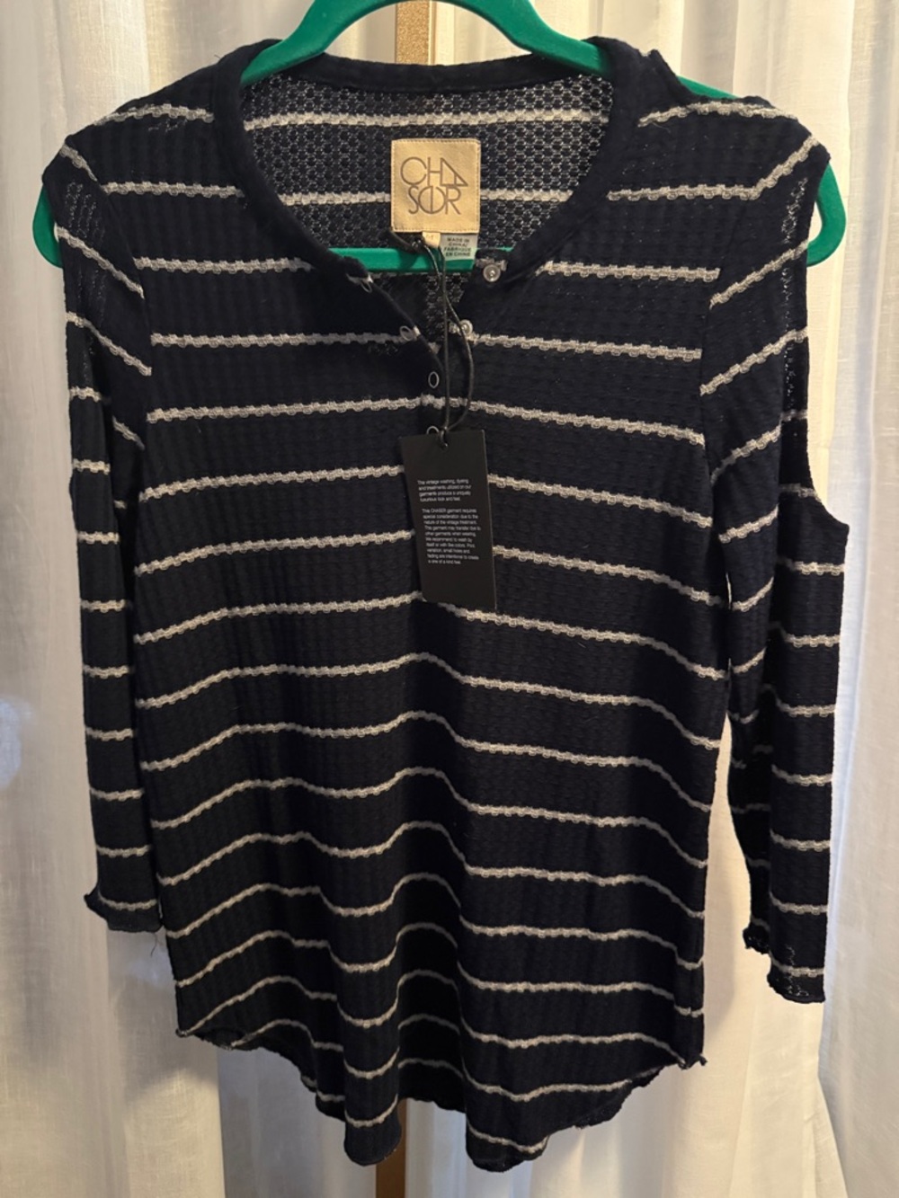 Chaser Black and White Striped Long Sleeve Cold-Shoulder Top